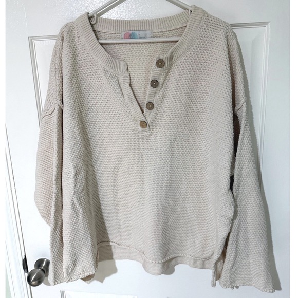 Free People Sweaters - Free People Beach Cream Oversized Henley Textured Knit Sweater Medium Ivory Boho